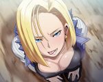 android_18 artist_request blue_eyes cleavage dragon_ball_z huge_breasts imminent_fellatio licking_lips looking_up_at_viewer yellow_eyes