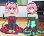  2_girls 2girls anime arm_support bare_shoulders blush brooch carpet curtains detached_sleeves dress female hair_ribbon hairband happy indian_style indoors jewelry kneeling legs_crossed long_hair looking_at_viewer momo_velia_deviluke multiple_girls nana_asta_deviluke pink_hair purple_eyes ribbon short_hair short_twintails siblings sisters sitting smile strapless strapless_dress striped striped_legwear tail television thighhighs to_love-ru twins twintails window yokozuwari 