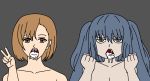 1girl 2_girls black_background blue_eyes blue_hair brown_eyes brown_hair cum cum_in_mouth facial hinami_fueguchi nude nude_female open_mouth saiko_yonebayashi tokyo_ghoul tokyo_ghoul:re v