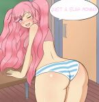 1girl ass ass_focus big_breasts blue_striped_panties blush classroom desk doki_doki_literature_club female_only huge_ass inviting long_hair natsuki_(doki_doki_literature_club) panties pink_eyes pink_hair pink_shirt pink_top provocative shimapan sideboob smug striped_panties teasing text thick thick_thighs topwear underwear wink winking