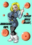  android_18 comic doujin_cover doujinshi dragon_ball_z huge_breasts muscleman_(artist) nemutte_okasare_mezamete_goukan_(dragon_ball_z) pyramid_house 