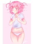 1girl 1girl 1girl 2018 absurd_res artist_name bare_arms blush bra bra_strap breasts cat_print clothing doki_doki_literature_club female_only fingers_together hairclip heart high_res looking_away matching_hair/eyes natsuki_(doki_doki_literature_club) navel no_pants octoplus open_mouth panties pink_background pink_eyes pink_hair shirt short_hair short_twintails signature simple_background small_breasts standing thighs tied_hair twin_tails underwear white_border white_panties