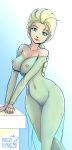 1girl artist_name bare_shoulders belly blonde_hair braid breasts collarbone cube disney dress elsa elsa_(frozen) erect_nipples female female_only frozen_(movie) gradient gradient_background green_dress green_eyes hair highres light_smile lips long_hair midriff navel nipples off-shoulder_dress off_shoulder okamisaga see-through single_braid smile solo_female standing strapless strapless_dress wulfsaga