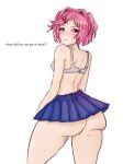 1girl 1girl ass ass_focus blue_skirt blush bra bubble_ass bubble_butt doki_doki_literature_club looking_back natsuki_(doki_doki_literature_club) pawg pink_eyes pink_hair short_skirt sideboob skirt thick thighs undressed undressing white_bra