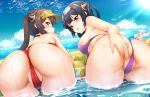 3_girls ass_focus beach embarrassed high_resolution looking_at_viewer looking_back micro_bikini open_mouth partially_visible_anus partially_visible_vulva presenting purple_bikini purple_eyes red_bikini thong wet_clothes