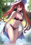  1girl absurd_res alluring artist_name athletic_female bare_legs bare_shoulders bare_thighs black_ribbon blurry blurry_background blush bra bracelet breasts cleavage collarbone day depth_of_field embarrassed feet_out_of_frame female_abs female_only fire_emblem fire_emblem_awakening fit_female hat high_res hocen holding jewelry lingerie long_hair medium_breasts navel neck_ribbon nintendo outside panties pond purple_bra purple_panties red_eyes red_hair ribbon severa_(fire_emblem) standing stomach sun_hat thigh_gap thighs toned twin_tails underwear very_long_hair wading water white_headwear 