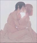 1girl ayato_kirishima bed_sheets black_hair breasts brown_hair grin hand_on_back hands_on_shoulders hinami_fueguchi kissing kissing legs_together male nude nude_female nude_male sex sex_on_bed tokyo_ghoul tokyo_ghoul:re