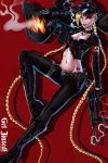 1girl boots braids collar gun knee_high leather red_background shadman simple_background solo tattoo weapon