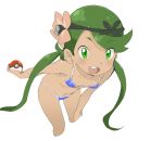  1girl :o bent_over bikini blue_bikini blush breasts cleavage creatures_(company) dark-skinned_female dark_skin flower game_freak green_eyes green_hair hair_flower hair_ornament hand_on_own_knee happy hips holding_poke_ball humans_of_pokemon leaning_forward legs looking_at_viewer mallow_(pokemon) mao_(pokemon) navel nintendo ookamiuo open_mouth poke_ball pokeball pokemon pokemon_(anime) pokemon_(game) pokemon_sm pokemon_sun_&amp;_moon ponytail simple_background small_breasts solo stomach swimsuit teeth trial_captain twintails twitter white_background 