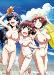 3girls armpits barefoot beach black_hair brown_hair drink earrings feet flower golden_eyes green_eyes happy highres jewelry kakumeiki_valvrave long_hair megane multiple_girls nanami_rion navel nipples nude nude_filter one_arm_up open_mouth purple_eyes pussy pussy_line red_hair rukino_saki sashinami_shouko short_hair sky smile sunglasses third-party_edit trio yellow_eyes