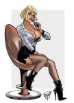 chewing cleavage dc_comics ftactio_(artist) huge_breasts justice_society_of_america looking_at_viewer power_girl sitting