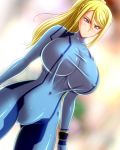 1girl 286c :/ alternate_breast_size bangs blonde_hair blue_eyes blurry bodysuit breasts clothed_navel covered_navel cowboy_shot depth_of_field dutch_angle erect_nipples female gloves hair_between_eyes high_ponytail highres hips huge_breasts long_hair looking_down metroid ponytail samus_aran shiny shiny_clothes sidelocks skin_tight solo swept_bangs taut_clothes turtleneck wide_hips zero_suit