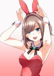  1girl animal_costume animal_ears arms_up bunny_costume bunny_ears bunny_ears_gesture bunnysuit collar cosplay cuffs detached_collar high_resolution nijisanji open_mouth playboy_bunny_leotard smile suzuhara_lulu virtual_youtuber wrist_cuffs 