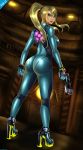 1girl ass big_breasts blonde_hair blue_eyes breasts dat_ass gun high_ponytail hot huge_ass large_breasts looking_at_viewer metroid nintendo nipples ponytail samus_aran sexy shadman skin_tight solo super_smash_bros. weapon zero_suit