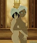 2_girls 2girls anaxus avatar:_the_last_airbender fingering from_behind katara multiple_girls naked_towel small_breasts smile toph_bei_fong towel towel_on_head yuri