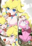 1girl big_breasts blonde_hair blue_eyes breasts cheek_bulge clothed clothing dress earrings erect_nipples erect_nipples_under_clothes fellatio fellatio_face forest grass huge_breasts long_hair mario_(series) mushroom nanahone necklace nintendo open_mouth pink_dress pink_lips pink_lipstick princess_peach shiny_breasts shiny_hair shiny_skin sucking super_mario_bros. tongue tongue_out yellow_hair