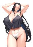 1girl armpits blush breasts cleavage hakai_shin high_res highleg_panties huge_breasts long_hair navel nipple_bulge panties plump pubic_hair see-through thick_thighs very_long_hair white_background