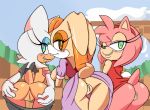 3girls amy_rose animal_ears ass blue_eyes blush breasts brown_eyes bunny_ears cloudz furry green_eyes hair looking_at_viewer looking_back milf multiple_girls pink_hair pussy rouge_the_bat short_hair smile sonic_(series) tail vanilla_the_rabbit wings