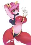 1_girl 1girl alternate_costume ashido_mina big_breasts breasts cosplay horns impossible_clothes looking_at_viewer my_hero_academia pink_hair pink_skin revealing_clothes shantae shantae_(character) white_background