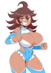  1_girl 1girl alternate_costume big_breasts breasts brown_hair cosplay danganronpa dark_skin female female_only impossible_clothes jinu leotard owari_akane rainbow_mika revealing_clothes short_hair solo street_fighter white_background 