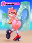 1girl :d amy_rose ass beach bend_over big_eyes boots bracelet breasts cute erect_nipples eyelashes full_body gloves green_eyes hairband heart-shaped_pupils looking_at_viewer looking_back mostly_nude nipples ocean on_one_leg pink_hair presenting_hindquarters pussy rear_view red_hairband sega short_hair sif_(artist) smile sonic sonic_(series) sonic_adventure sonic_the_hedgehog_(series) tail text v