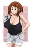 1girl big_breasts breasts brown_hair clothed dratvan dratvan504 female female_only huge_breasts looking_at_viewer my_hero_academia ochako_uraraka short_hair shorts solo solo_female