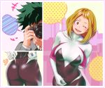 1boy 1girl alternate_costume ass big_ass blonde_hair bodysuit camera clothed cosplay impossible_clothes izuku_midoriya marvel_comics multiple_views my_hero_academia ochako_uraraka short_hair spider-gwen spider-gwen_(cosplay) taking_picture