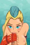  1boy 1girl animated big_breasts blonde_hair breasts cammy_white erect_nipples erect_penis fellatio female gif gloves hair horny_female human humanoid_penis kneel looking_at_viewer male nude nude_female oral oral_sex outside street_fighter sucking 