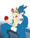  2boys anal anal_penetration anal_sex anus balls crossover digimon exveemon jerseydevil male male/male meowth nintendo open_mouth penis pokemon sex tongue yaoi 