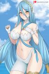  1girl adapted_costume alluring alternate_costume azura azura_(fire_emblem) bare_thighs big_breasts bikini blue_hair breasts cleavage female_only fingerless_gloves fire_emblem fire_emblem_fates gloves hair_between_eyes hand_on_own_chest hayato_stuff light_blue_hair long_hair looking_at_viewer nintendo ocean outside smile swimsuit thighs very_long_hair white_bikini white_swimsuit yellow_eyes 