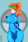 1_girl 1girl alternate_costume big_breasts blue_eyes blush bodysuit breasts cosplay embarrassed eyebrows_visible_through_hair female female_human female_only game_freak impossible_clothes long_hair looking_at_viewer metroid nintendo orange_hair pokemon samus_aran sonia_(pokemon) standing zero_suit