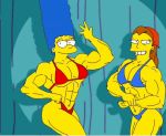 2_girls 2girls abs arms atariboy bikini blue_hair brunette cleavage female flexing hips hoop_earrings looking_at_viewer marge_simpson milf muscle muscular muscular_female muscular_thighs posing ruth_powers smile standing the_simpsons underwear underwear_only yellow_skin