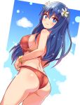  1girl alluring ass bare_shoulders bikini blue_eyes blue_hair blush bracelet breasts caeda caeda_(fire_emblem) caeda_(summer)_(fire_emblem) cougar1404 cougar_(cougar1404) cowboy_shot dutch_angle female_only fire_emblem fire_emblem:_mystery_of_the_emblem fire_emblem:_shadow_dragon fire_emblem:_shadow_dragon_and_the_blade_of_light fire_emblem_heroes flower hair_flower hair_ornament jewelry long_hair looking_at_viewer looking_back medium_breasts nintendo official_alternate_costume red_bikini red_swimsuit sideboob swimsuit 