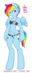  2014 anthro clothing cutie_mark equine female friendship_is_magic frown hasbro hooves horse looking_at_viewer mane my_little_pony navel onnanoko pegasus rainbow_dash rainbow_dash_(mlp) rainbow_hair shirt short_shorts shorts skimpy small_breasts solo stripes tail tank_top wide_hips wings 