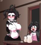  1girl anthro big_breasts black_clothing black_hair blizzard_entertainment blue_eyes blush bodily_fluids breast_milking breasts chen_stormstout clothing collarbone crossgender cute_fangs duo fangs fur furry green_eyes grey_body grey_fur hair half-closed_eyes high_res huge_breasts jug lactating li_li_stormstout mammal milk mtf_crossgender narrowed_eyes nipples off_shoulder one_eye_closed open_mouth pandaren pink_clothing pink_tongue ponytail surprise tongue ursid video_games warcraft wherewolf white_body white_fur 