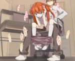  1boy 1girl asuka_langley_souryuu bad_id bent_over blue_eyes bottomless clothed_sex footwear hair_ornament hairclip hetero neemui neon_genesis_evangelion open_clothes open_shirt orange_hair pants_pull petite sex shirt socks sweat vaginal white_legwear white_socks 