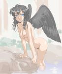 1girl black_hair black_wings blue_eyes breasts fire_emblem fire_emblem:_akatsuki_no_megami fire_emblem_radiant_dawn kyouno_aki nude pubic_hair riboonzunaitsu solo vika water wings