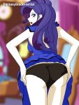 1girl ass blue_dress blue_eyes blush dress eyeshadow fantasyblade female female_only friendship_is_magic gif humanized indoors looking_back my_little_pony panties panties_pull partially_clothed pulling_panties_down pussy pussy_juice rarity rarity_(mlp) solo standing thigh_gap vaginal_juices