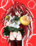 1girl alastor_(shakugan_no_shana) black_legwear black_thighhighs blush bow bread coffee food jewelry long_hair melon_bread meronpan miniskirt panties pendant pleated_skirt red_eyes red_hair school_uniform serafuku shakugan_no_shana shana skirt skirt_lift smile standing thigh_gap thighhighs thighs underwear very_long_hair white_panties wind_lift