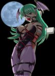  1girl amiba00 areolae arms_behind_back ball_gag bdsm blue_eyes bondage bound breasts capcom crusifix darkstalkers full_moon gag green_hair harness large_breasts lipstick looking_at_viewer makeup moon morrigan_aensland nipple_slip nipples shibari solo strap vampire_(game) 