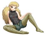  1girl bare_shoulders blonde_hair camouflage erect_nipples feet hatsune_inugami hazuki_(artist) hazuki_(etcxetc) inugami_hatsune legwear_under_shorts open_fly pantyhose print_legwear print_pantyhose shorts solo tank_top turtleneck unzipped yellow_eyes zettai_karen_children 