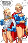  2_girls 2girls blonde_hair cleavage cleavage_cutout clothes_swap costume_swap costume_switch dc dc_comics female_only kara_zor-el kara_zor-l karen_starr long_hair neobabylon power_girl short_hair supergirl 