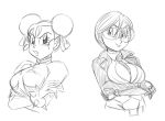 2_girls 2girls big_breasts bulma_briefs capcom chichi chun-li_(cosplay) cosplay crimson_viper_(cosplay) dragon_ball dragon_ball_z female female_only funsexydragonball looking_at_viewer monochrome multiple_girls non-nude street_fighter