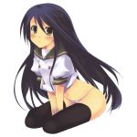 arm_support black_hair black_legwear black_thighhighs blue_hair long_hair mizuki_makoto navel no_pants panties purple_eyes school_uniform seifuku serafuku shakugan_no_shana shana sitting thighhighs underwear white_panties