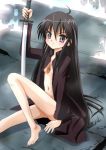 1girl alastor_(shakugan_no_shana) barefoot black_hair brown_eyes coat flat_chest jewelry long_hair necklace open_clothes open_shirt pendant shakugan_no_shana shana shirt sword weapon