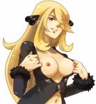 1girl blonde_hair breasts breasts_out breasts_outside cynthia grin hair michael nintendo nipples no_bra pokemon pokemon_(game) pokemon_dppt shirona_(pokemon) topless undressing white_background wink