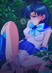 1girl ami_mizuno bishoujo_senshi_sailor_moon blue_eyes blue_hair blue_skirt blush boots bow censored earrings elbow_gloves female_focus fingering gloves jewelry knee_boots leotard leotard_aside magical_girl mizuno_ami panties panties_aside pirochi pubic_hair pussy sailor_mercury sailor_moon short_hair skirt solo_focus spread_legs tiara underwear