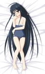  1girl barefoot black_hair blush flat_chest long_hair name_tag ogata one-piece_swimsuit school_swimsuit shakugan_no_shana shana solo swimsuit swimsuit_pull very_long_hair 