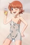  1girl akashi_kaoru areola areolae armpits baanin bad_id blush cameltoe drink erect_nipples kaoru_akashi miyabi_maou naked_towel one_eye_closed red_eyes red_hair see-through short_hair solo towel uncensored wet wink zettai_karen_children 