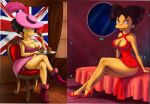  amy_wong bed black_hair breasts british_flag chair cleavage collarbone crossed_legs dress earring fernando_faria_(artist) flag futurama hat high_heels jewelry legs muffin pink_dress red_dress seated sexy_breasts thighs union_jack 